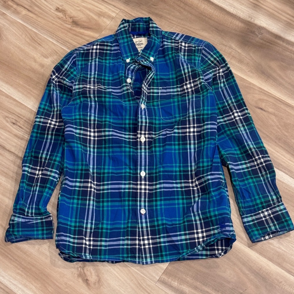 Mini Boden Blue Green Plaid Button Down Shirt Kids Size 11-12Y Cotton - Picture 1 of 6